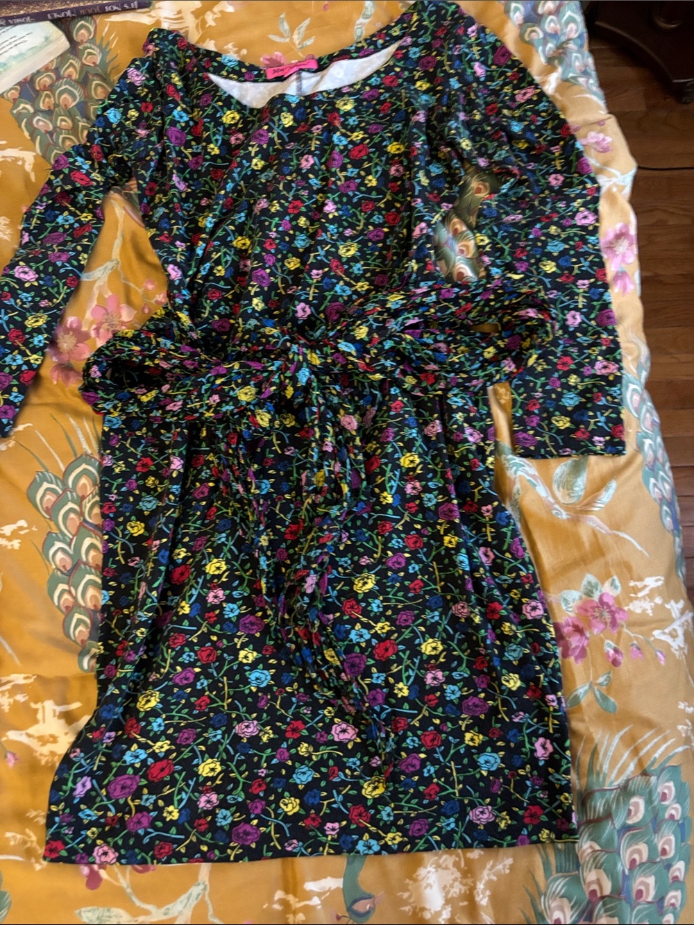 Betsey Johnson Black Floral Long-Sleeve Tie-Waist Dress